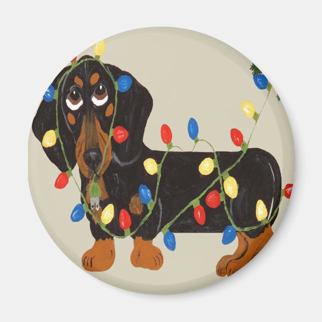 Aimant Dachshund Tangée Dans Les Lumières De Noël Blk/Tan (Devant)