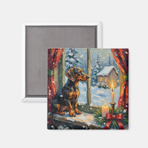 Aimant Dachshund vintage devant une fenêtre de Noël cosy