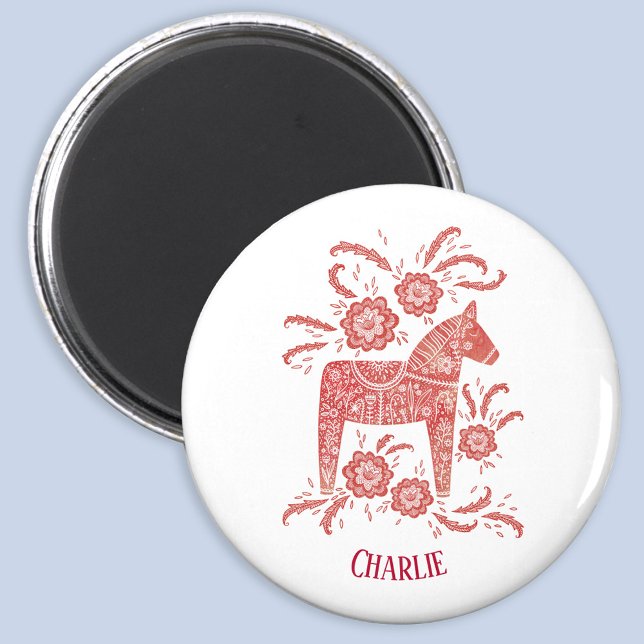 Aimant Dala Horse Swedish Personnalisé (Swedish Dala Horse red and white folk art personalized name magnet)