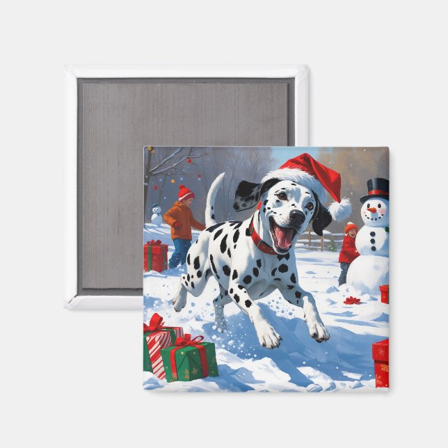 Aimant Dalmatien courant dans la neige avec un chapeau de (Recto/Verso)