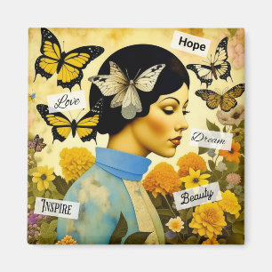 Aimant Dame vintage, papillons, fleurs et inspirant