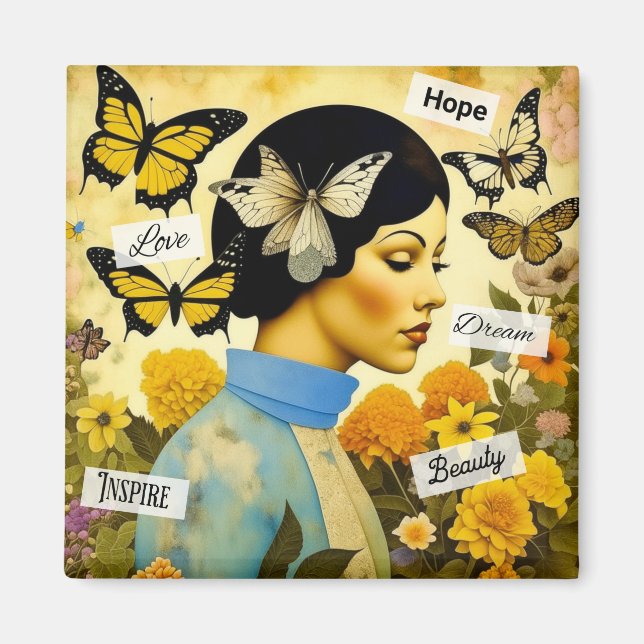 Aimant Dame vintage, papillons, fleurs et inspirant (Devant)