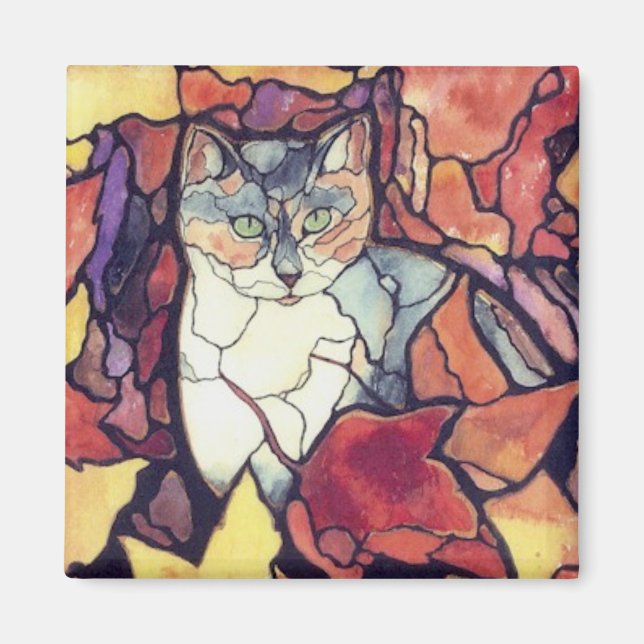 Aimant Darling Automne Feuilles Kitty Chat "vitrail" (Devant)