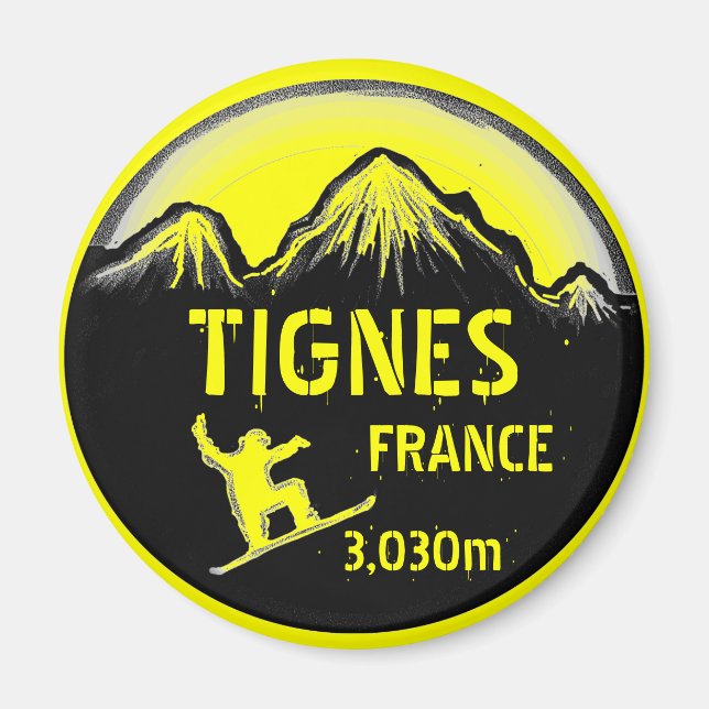 Aimant d'art en snowboard jaune Tignes France (Devant)