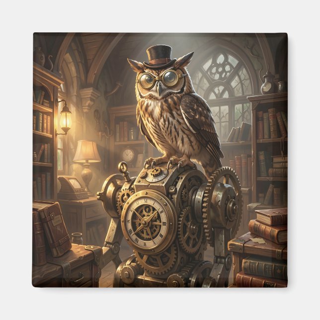 aimant d'art engrenage mécanique de hibou steampun (Devant)