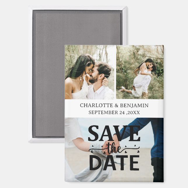 Aimant Date de mariage à personnaliser avec 3 photos (Recto/Verso)