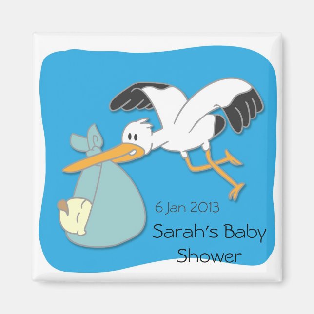 Aimant de baby shower bébé porté par une cigogne (Devant)