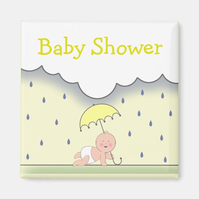 Aimant de Baby shower neutre jaune - Pluie et para (Devant)