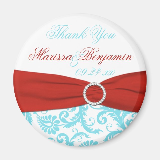 Aimant de Cadeau de Mariage Aqua, Blanc et Rouge (Devant)