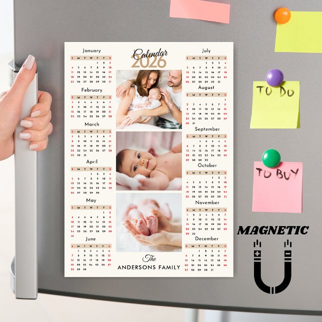 Aimant de collage photo Calendrier 2026 Beige Noir (Créateur téléchargé)
