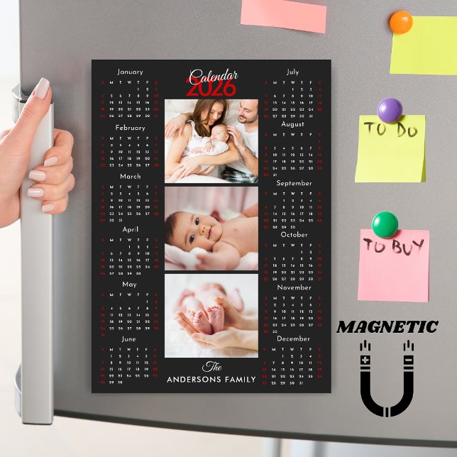 Aimant de collage photo Calendrier 2026 Noir Blanc (Créateur téléchargé)