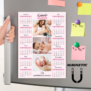 Aimant de collage photo Calendrier 2026 Rose Noir 