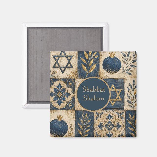 Aimant de cuisine Shabbat Shalom, bleu marine or  (Recto/Verso)