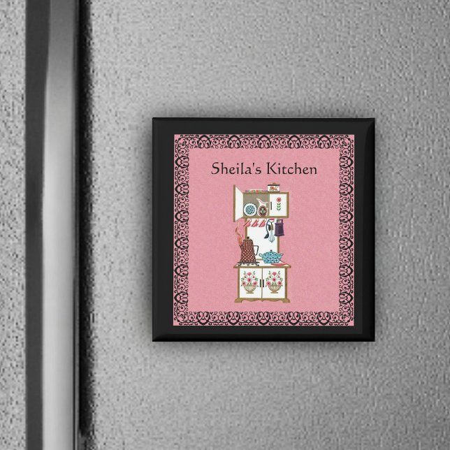 Aimant de cuisine Vintage personnalisé (Vintage white cooking stove flowers in fancy black frame on pink kitchen magnet.)