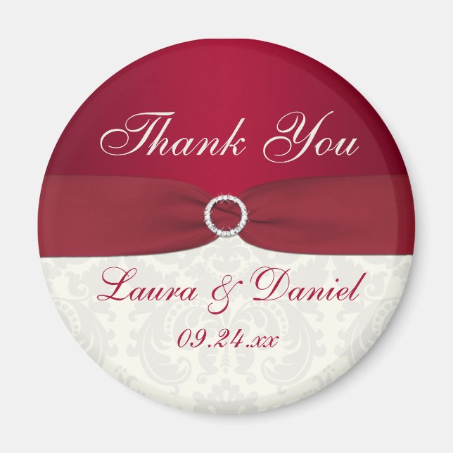 Aimant de faveur de mariage en damas rouge et ivoi (Devant)