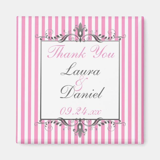 Aimant de faveur de mariage rayé rose et blanc (Devant)