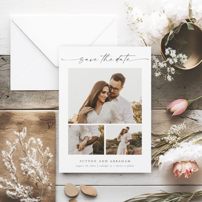 Aimant de mariage à date de sauvegarde de photo de (An elegant 3 photo wedding save the date magnet with handwritten script and minimal typography.)