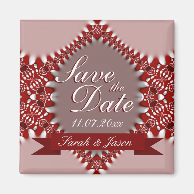 Aimant de mariage à la date Rose Rouge (Devant)
