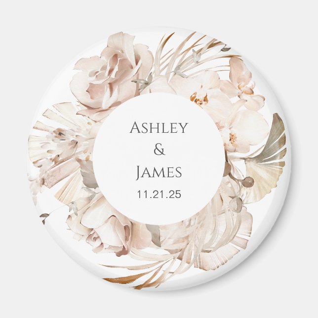 Aimant de mariage fleuri beige personnalisé (Devant)