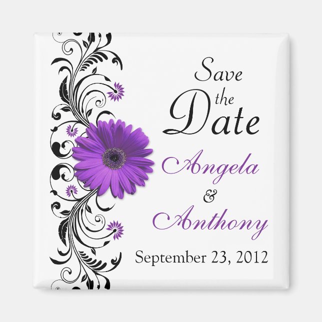 Aimant de mariage floral Daisy violet pour "Save t (Devant)