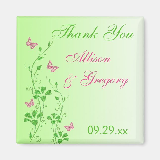 Aimant de mariage papillon floral rose et vert (Devant)
