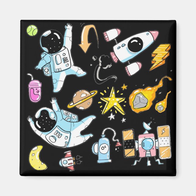 Aimant De mignons astronautes dans les Doodles spatiaux E (Devant)