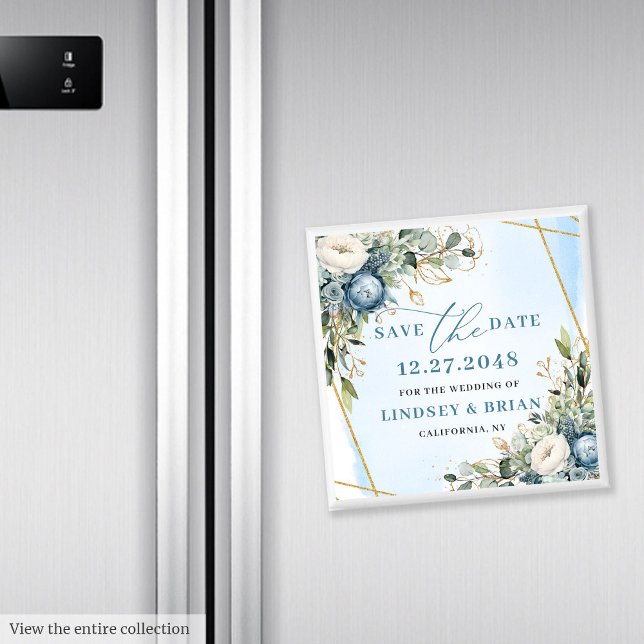 Aimant de mise en conserve élégant bleu poussiéreu (Elegant Dusty Blue Floral Gold Save The Date Magnet

)
