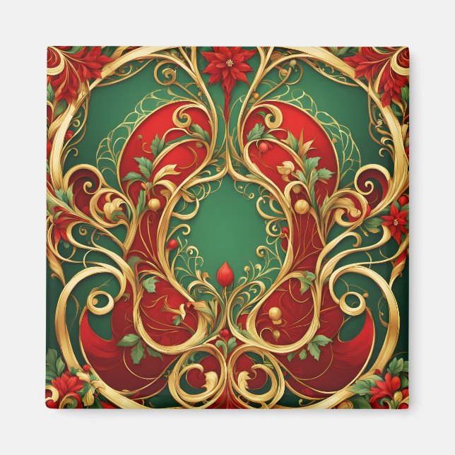 Aimant de Noël à fleurs rouges et vertes (Devant)