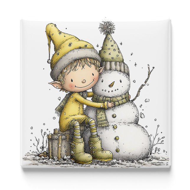 Aimant de Noël Bonhomme de Neige Elfe Jaune (Yellow Elf Snowman Christmas Magnet by PiggyPrint Sticker. by PiggyPrint Sticker. )
