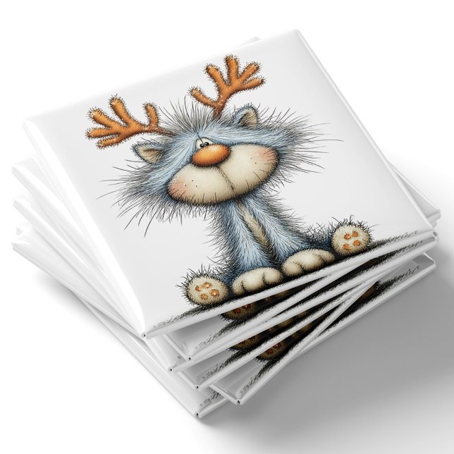 Aimant de Noël Chat Renne Fantaisiste (Whimsical Reindeer Cat Christmas Magnet by PiggyPrint Stickers.)
