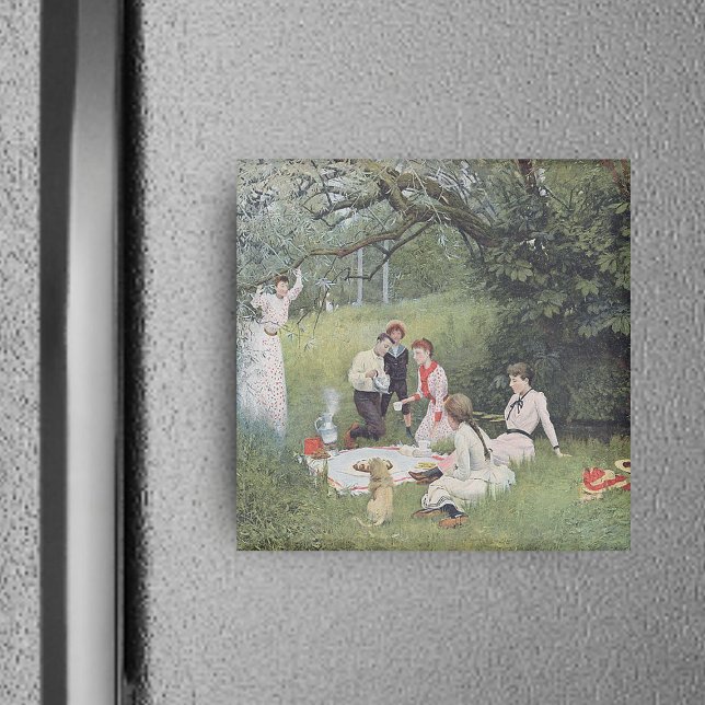 Aimant de pique-nique victorien (Vintage image of Victorian family out in woods with dog for family picnic on square magnet.)