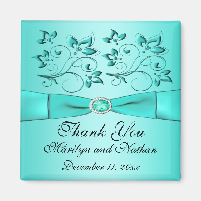 Aimant de remerciement de mariage floral aqua et n (Devant)