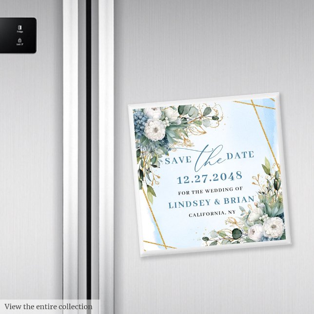 Aimant de sauvegarde de Fleurs de Bleu Poussiéreux (Rustic Dusty Blue Floral Gold Save The Date Magnet

)