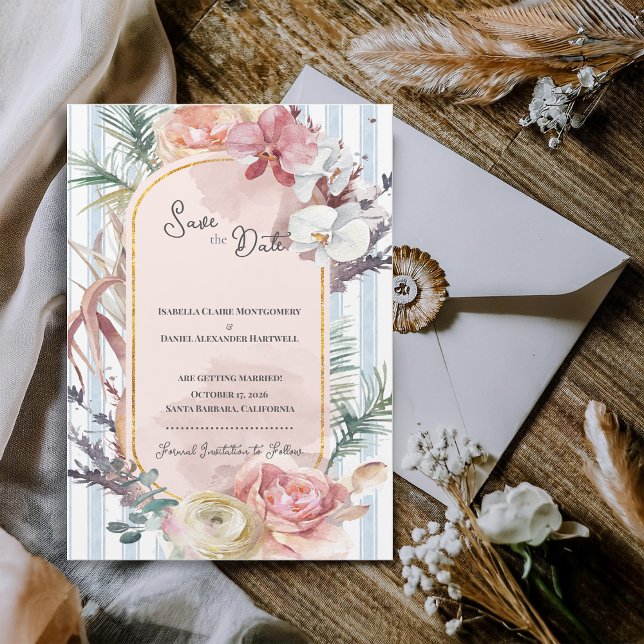 Aimant de sauvegarde de mariage à arche d'orchidée (Tropical Orchid Arch Save the Date Magnet | Blush Floral Beach Wedding Announcement)