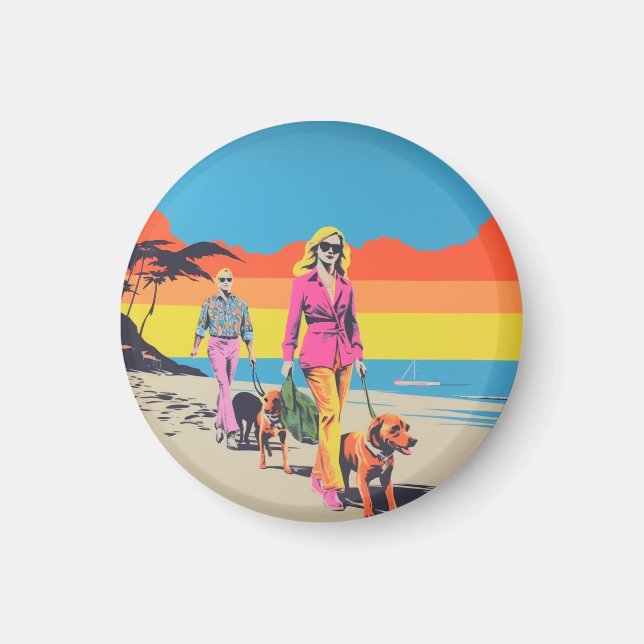aimant de style Popart, promenade de chien de plag (Devant)