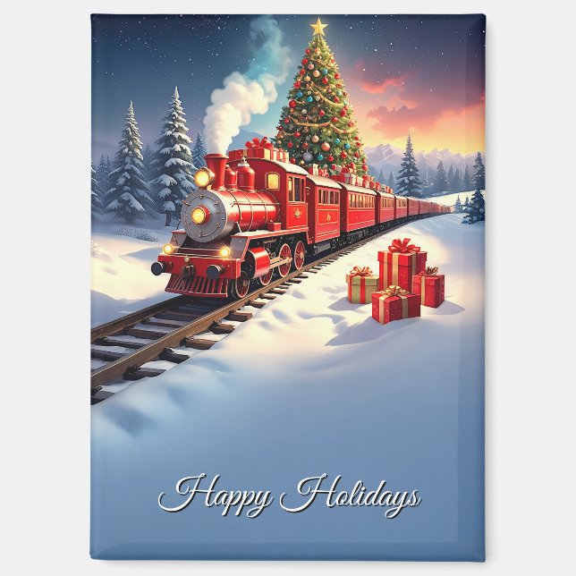 Aimant de vacances d'arbre de Noël de train rouge (Recto)