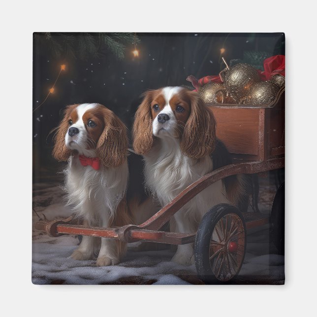 Aimant Décor de Noël Cavalier King Chariot enneigé  (Devant)