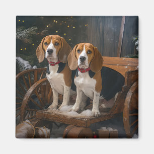 Aimant Décor de Noël Chariot enneigé Beagle