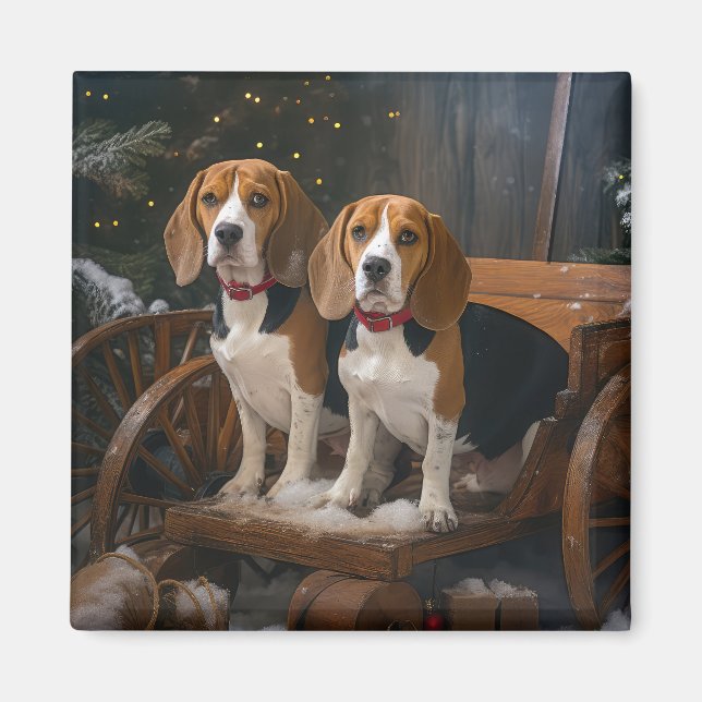 Aimant Décor de Noël Chariot enneigé Beagle  (Devant)