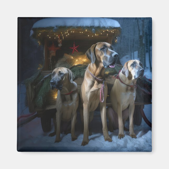 Aimant Décor de Noël de traîneau enneigé Rhodesian Ridgeb (Devant)