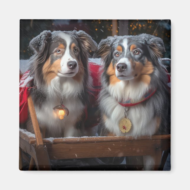 Aimant Décor de Noël du berger australien Snowy Sleigh (Devant)