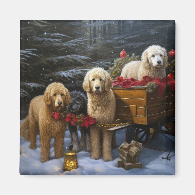 Aimant Décor de Noël Goldendoodle Snowy Sleigh (Devant)