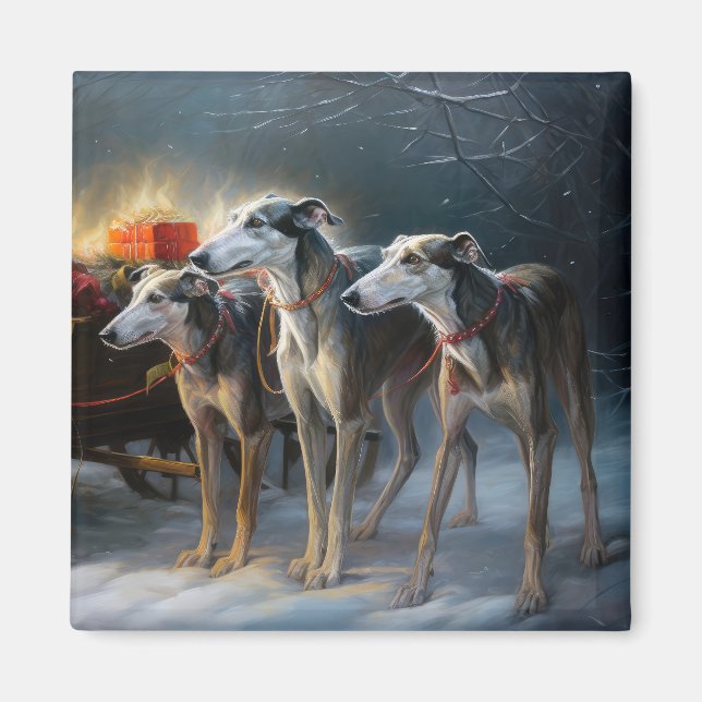 Aimant Décor de Noël Greyhound Snowy Sleigh (Devant)