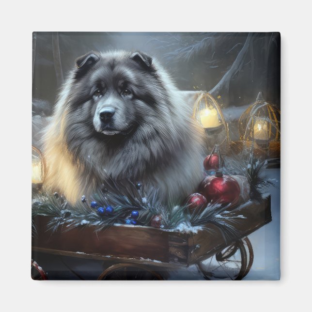 Aimant Décor de Noël Keeshond Snowy Sleigh (Devant)