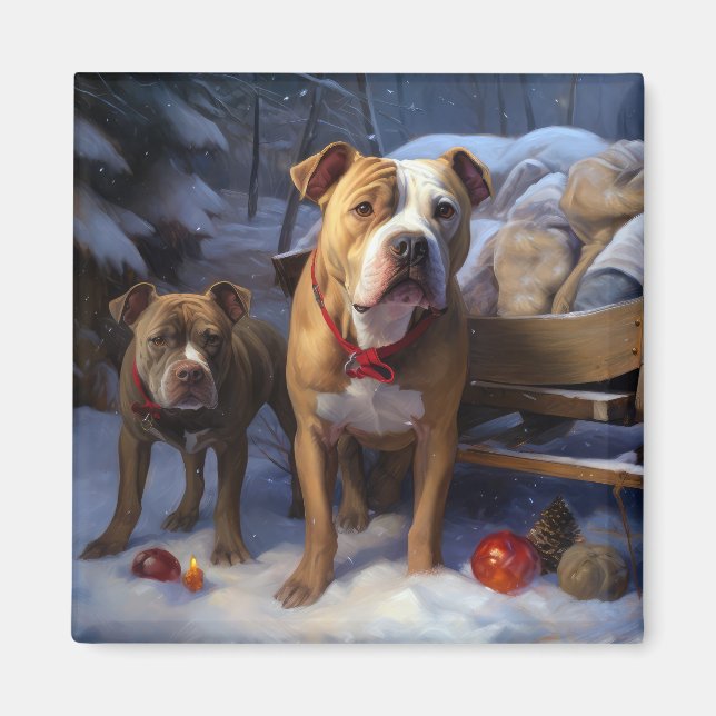 Aimant Décor de Noël Pitbull Snowy Sleigh (Devant)