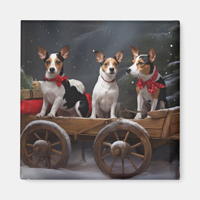 Aimant Décor de Noël Rat Terrier Snowy Sleigh (Devant)
