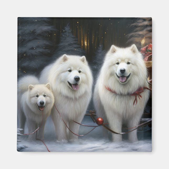 Aimant Décor de Noël Samoyed Snowy Sleigh (Devant)