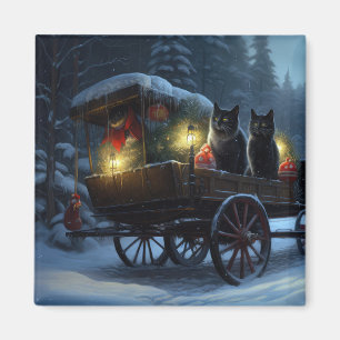 Aimant Décor de Noël Traîneau enneigé avec chat noir