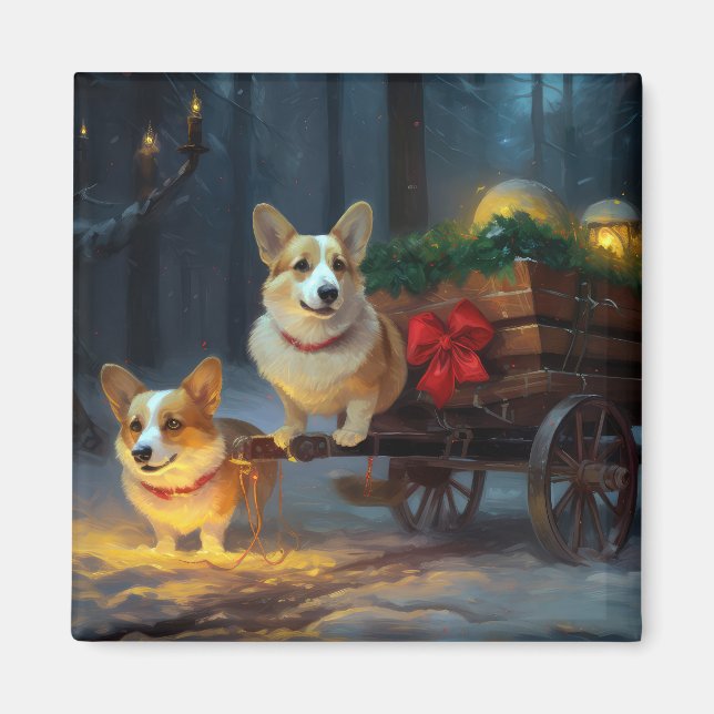 Aimant Décoration de Noël Chariot de Corgi enneigé  (Devant)