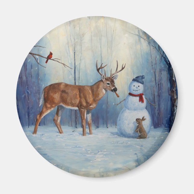 Aimant Deer et Happy Snowman hiver de vacances scène (Devant)
